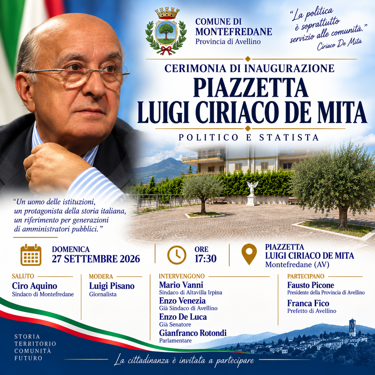 Immagine di copertina: MONTEFREDANE INTITOLA UNA PIAZZETTA A CIRIACO DE MITA: DOMENICA 27 SETTEMBRE LA CERIMONIA